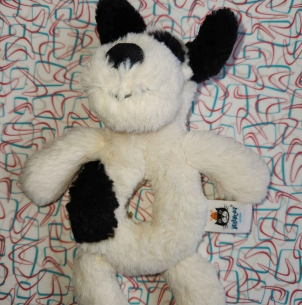 Jellycat Bashful Black & Cream Puppy Ring Rattle.